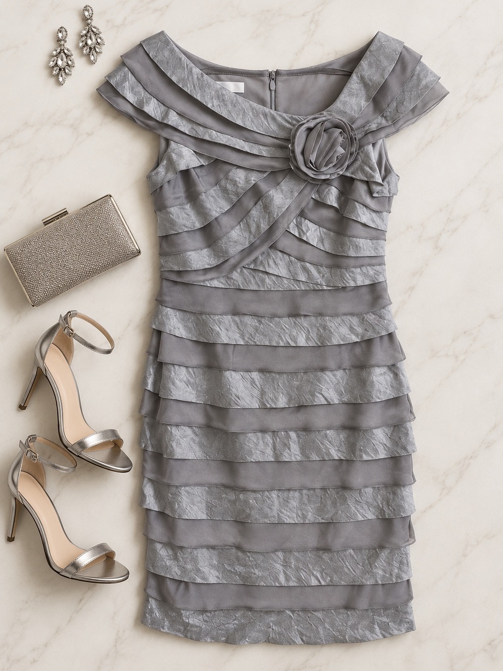 London Times Metallic Silver Tiered Ruffle Rosette Cocktail Sheath Dress 10 NWT